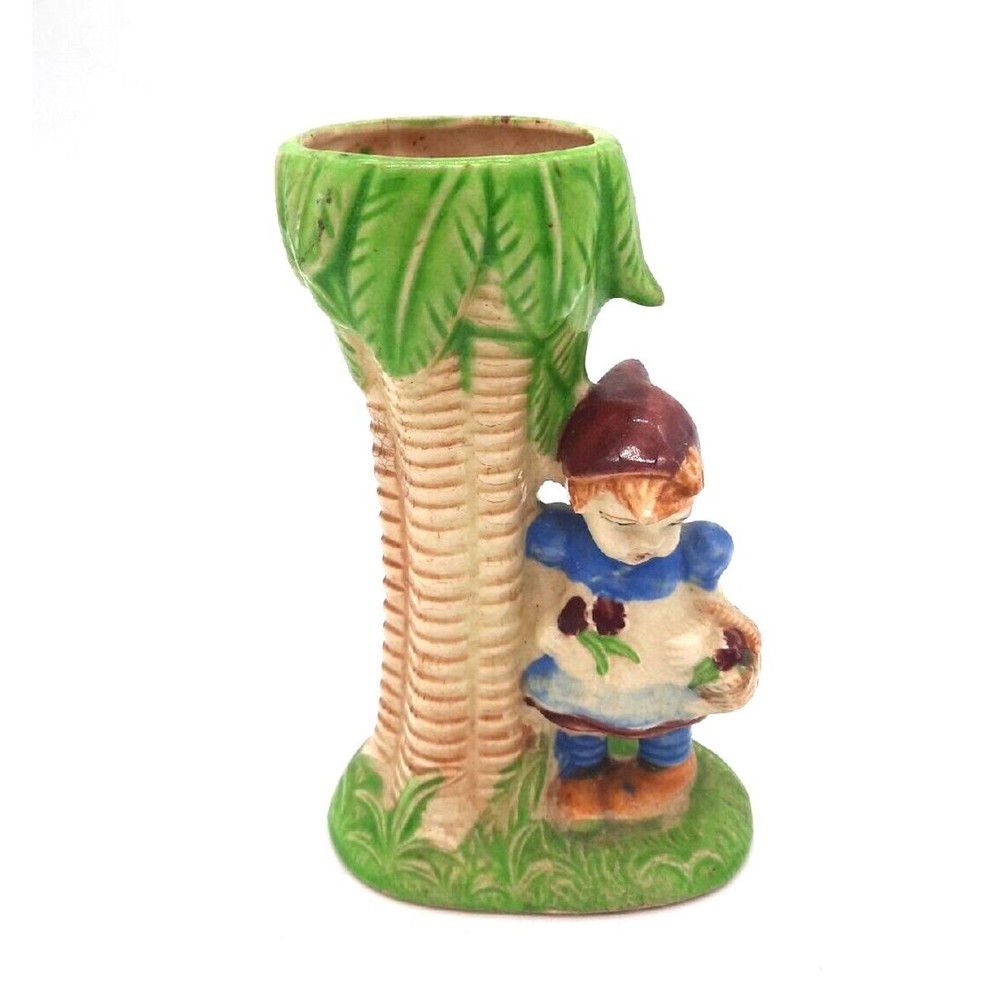 Vintage Japan Pottery Girl With Flowers Standing By Palm Tree Planter Vase